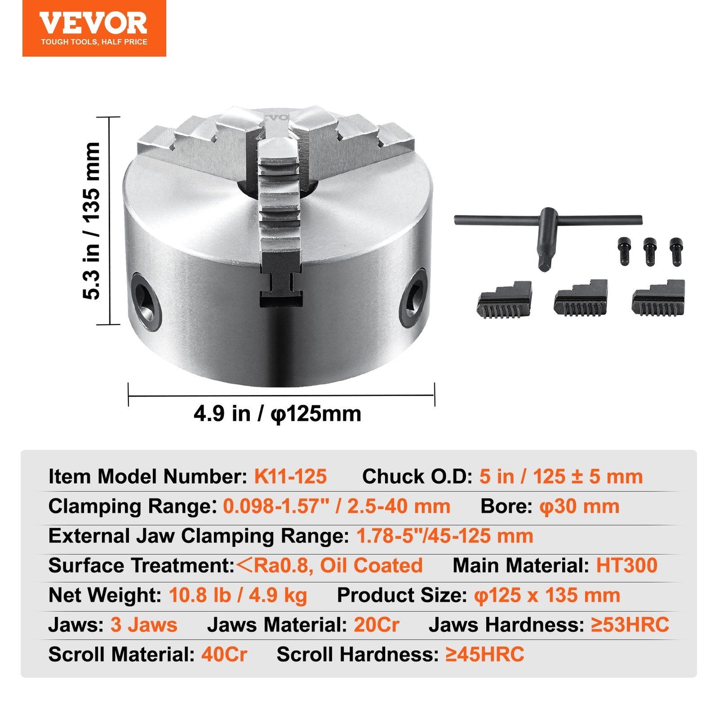 3-Jaw Self-Centering Lathe Chuck, 125 mm, 2.5-125 mm Range, 4.9 kg, with T-key