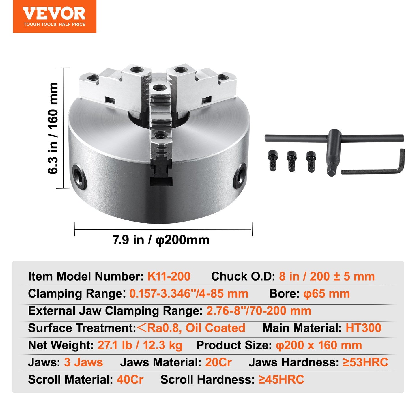 VEVOR 3-Jaw Lathe Chuck, 200 mm, Self-Centering Lathe Chuck, 4-200 mm Clamping Range
