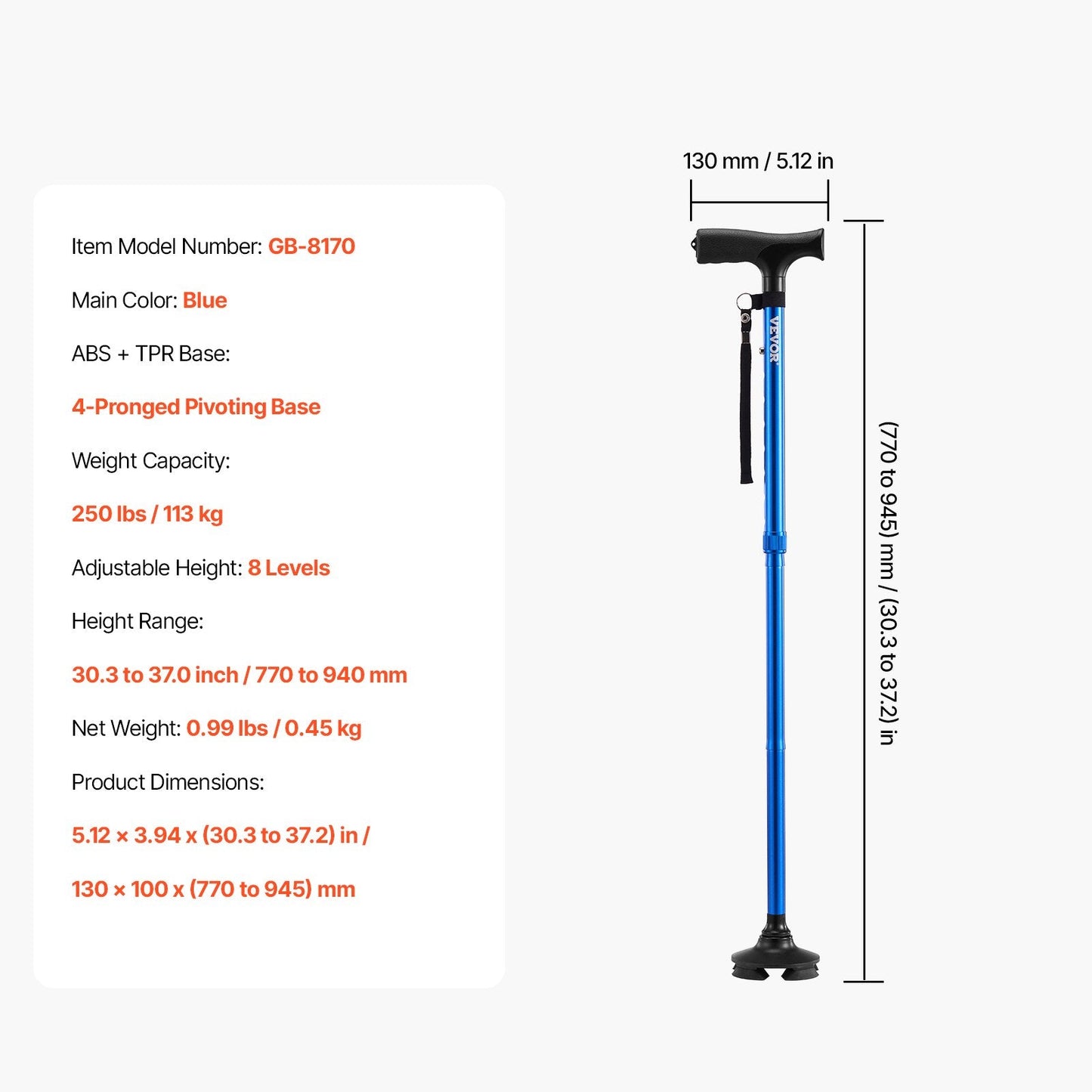 Folding Walking Stick with 8-Level Height and 4-Pronged Pivoting Base