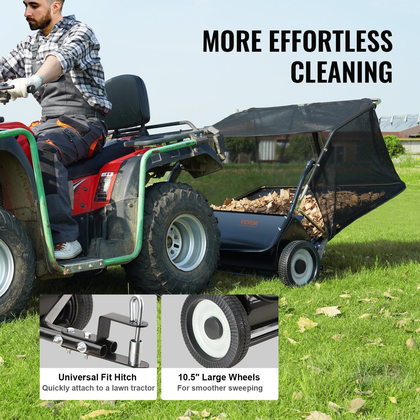 VEVOR Tow Behind Lawn Sweeper 44 inch, 25 cu. ft Large Capacity Heavy Duty Leaf