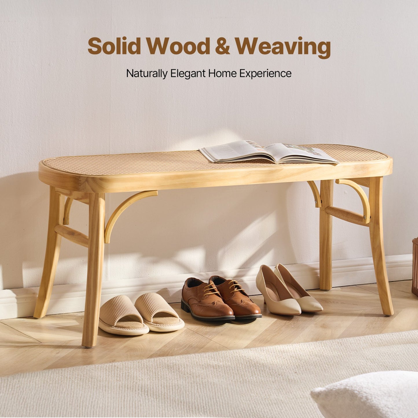 VEVOR Rattan Bench Wooden Bench 43.3 Inches for Entryway Living Room & Bedroom