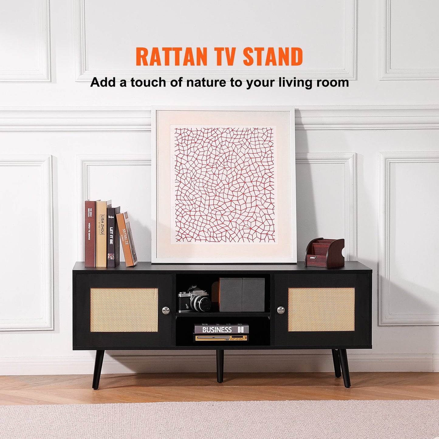 VEVOR Rattan TV Stand, Boho TV Cabinet for 55 inch TV, Mid Century Modern TV Stand,
