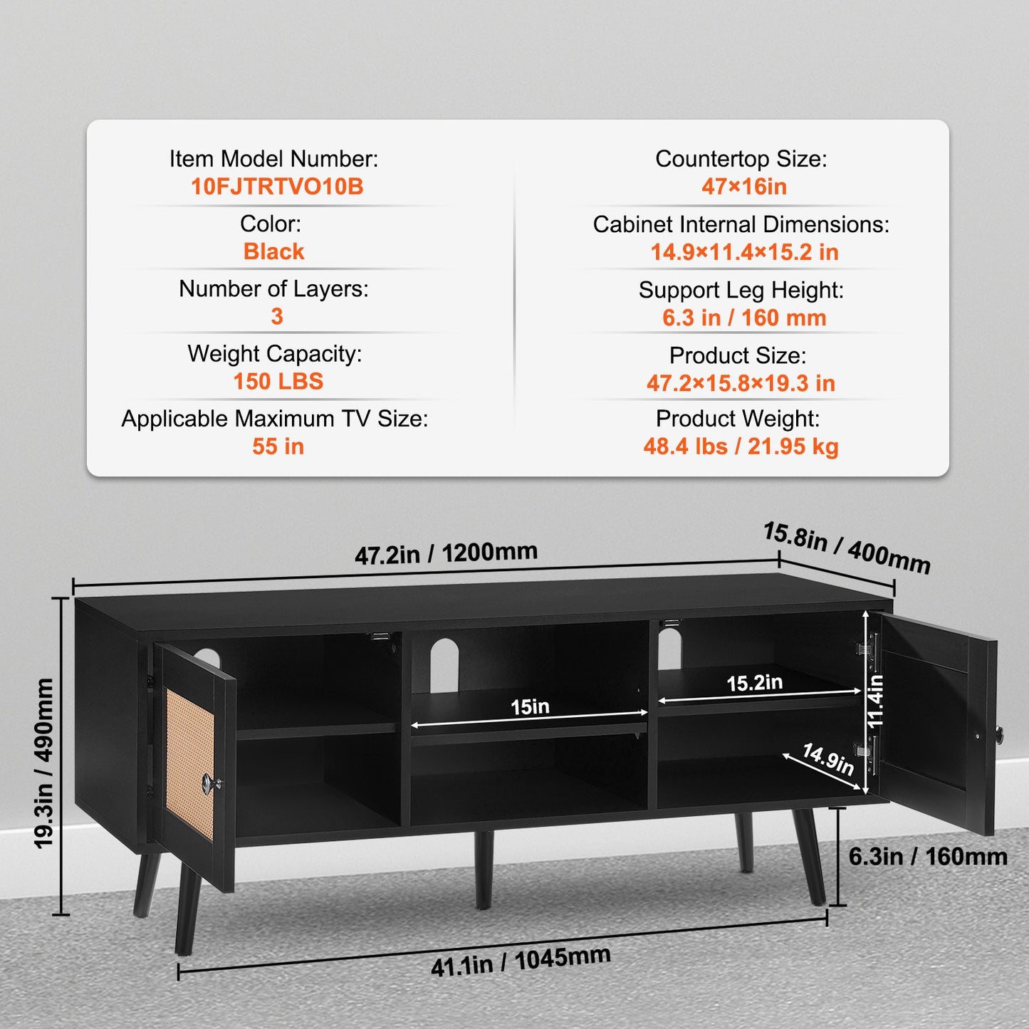 VEVOR Rattan TV Stand, Boho TV Cabinet for 55 inch TV, Mid Century Modern TV Stand,