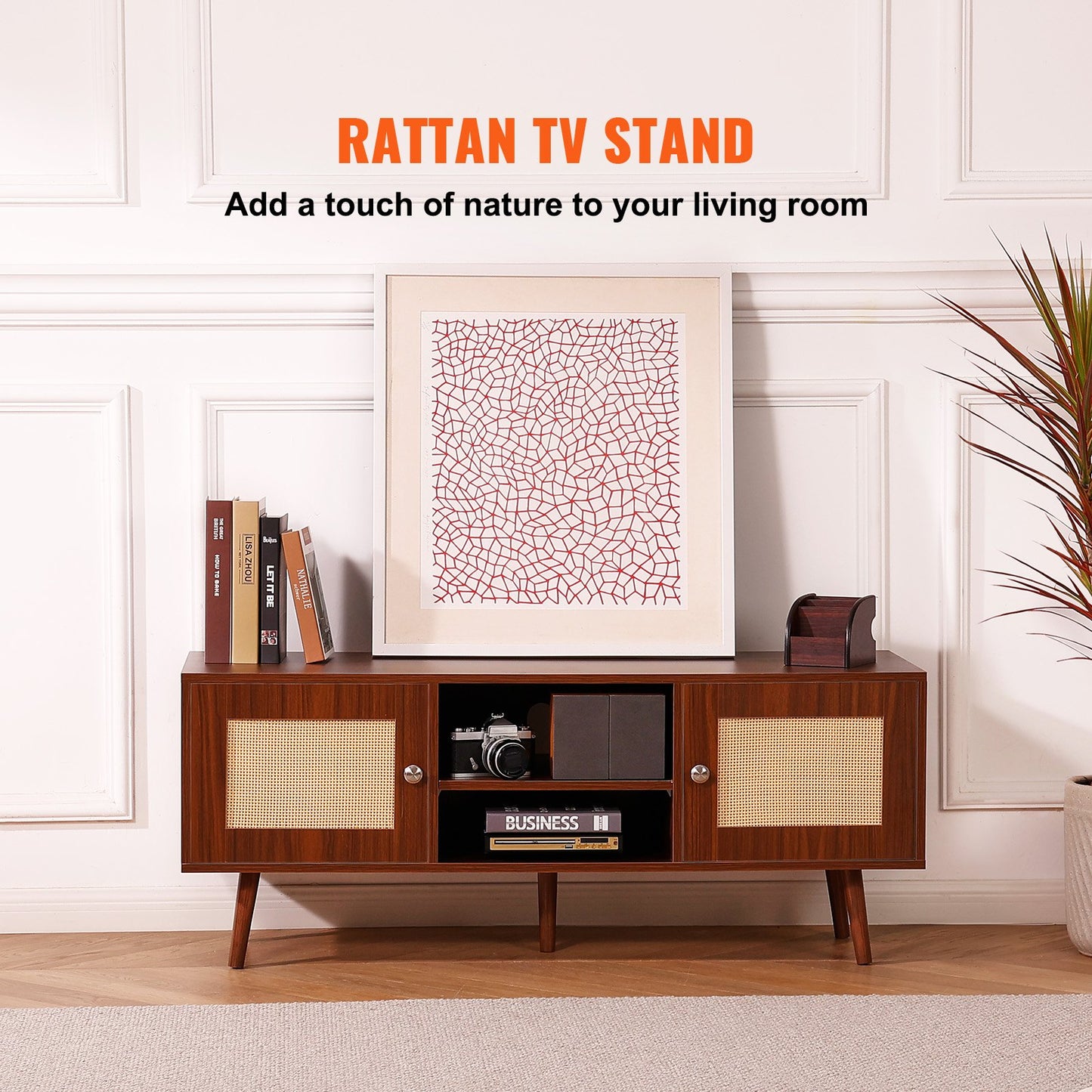 VEVOR Rattan TV Stand, Boho TV Cabinet for 55 inch TV, Mid Century Modern TV Stand,