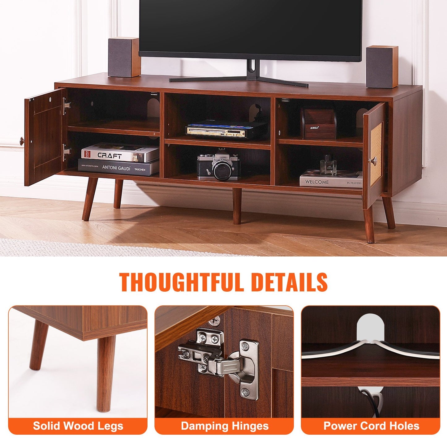 VEVOR Rattan TV Stand, Boho TV Cabinet for 55 inch TV, Mid Century Modern TV Stand,
