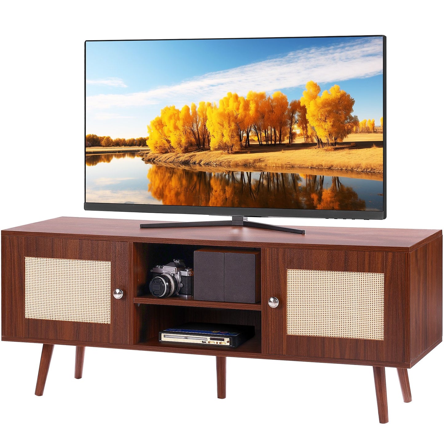 VEVOR Rattan TV Stand, Boho TV Cabinet for 55 inch TV, Mid Century Modern TV Stand,