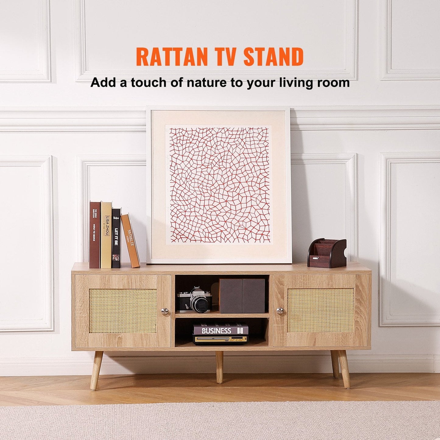 Boho Rattan TV Cabinet for 1.4 m TV, Mid-Century Modern Design with Storage