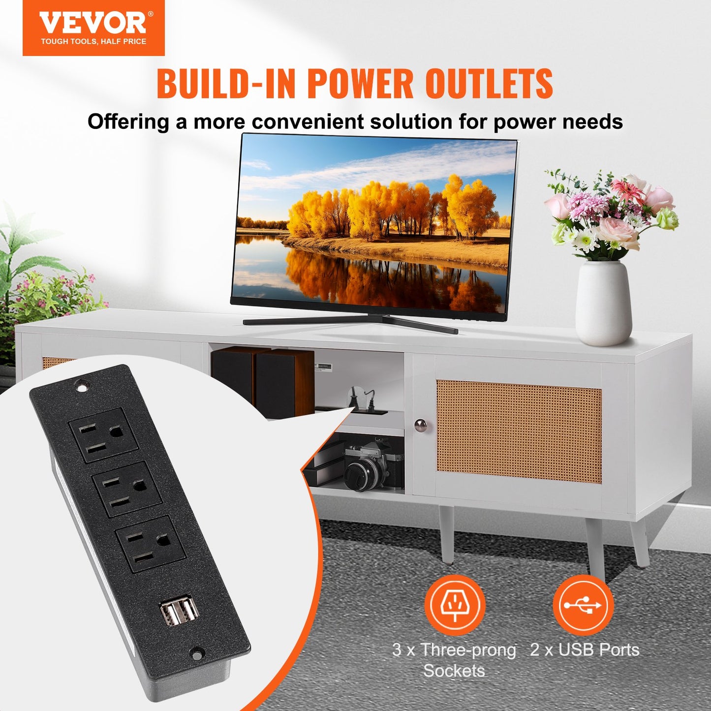 VEVOR Rattan TV Stand for 65 inch TV, Boho TV Stand with Rattan Door, Entertainment