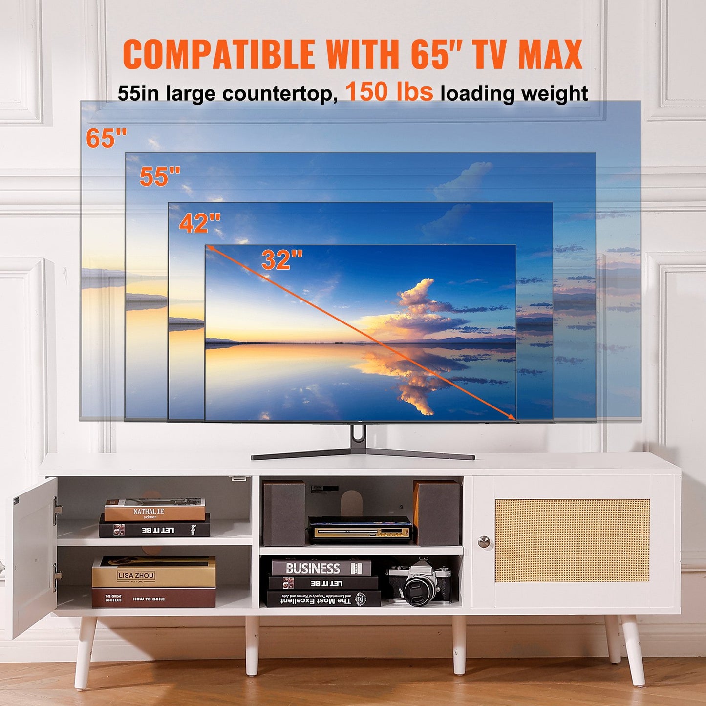 VEVOR Rattan TV Stand for 65 inch TV, Boho TV Stand with Rattan Door, Entertainment