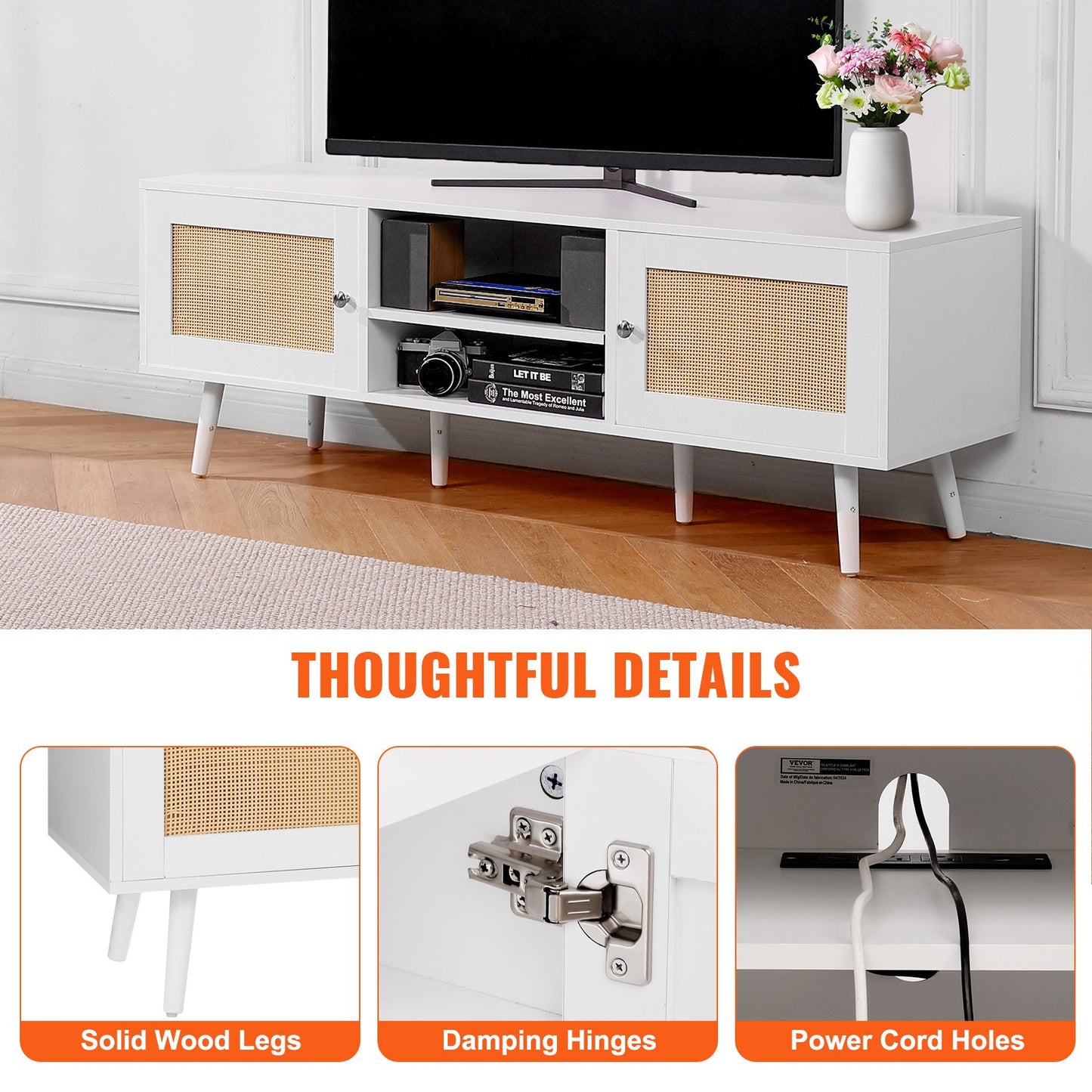 VEVOR Rattan TV Stand for 65 inch TV, Boho TV Stand with Rattan Door, Entertainment