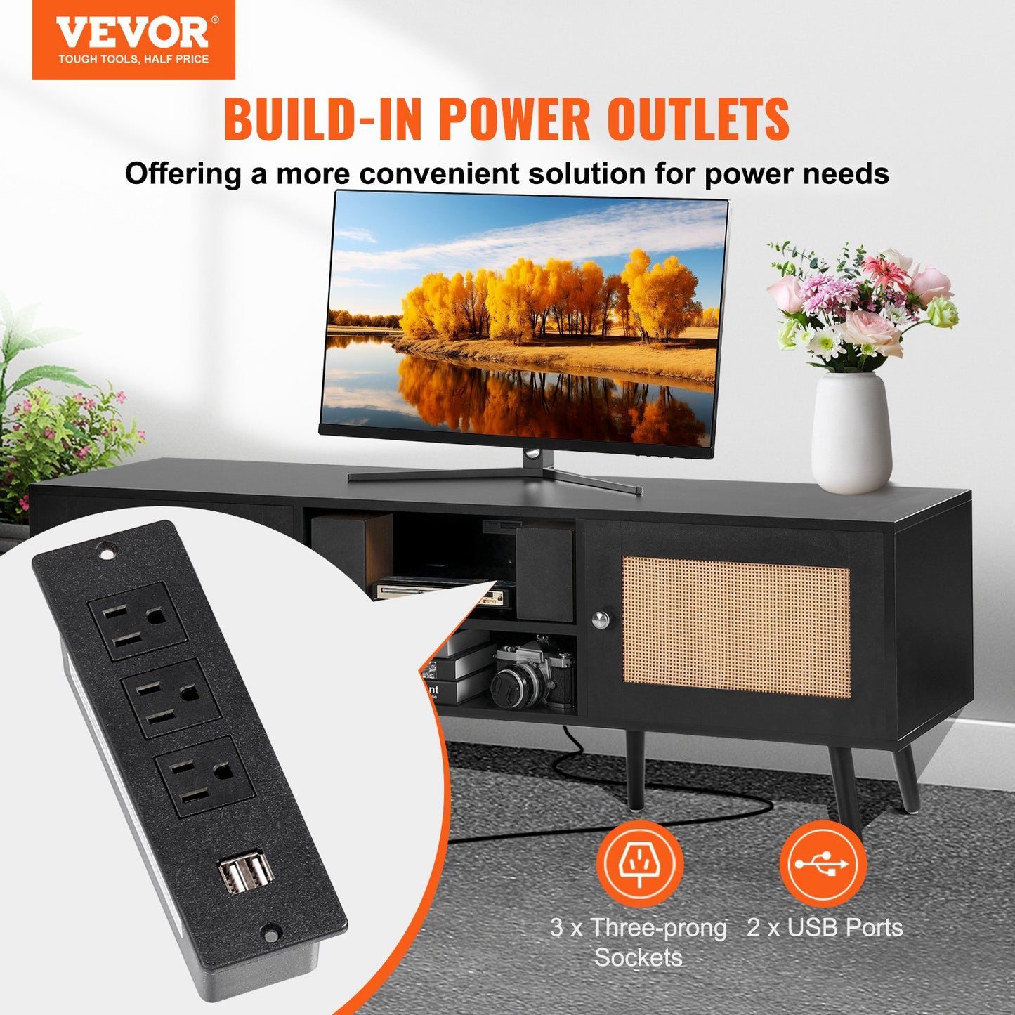 VEVOR Rattan TV Stand for 65 inch TV, Boho TV Stand with Rattan Door, Entertainment