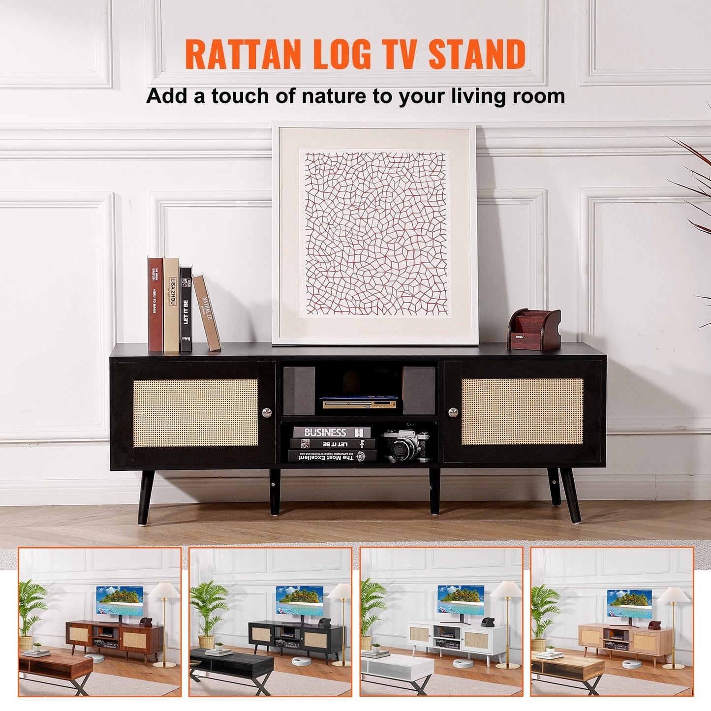 Modern Boho Rattan TV Stand for 1.65m TV with USB Ports and Storage, Black