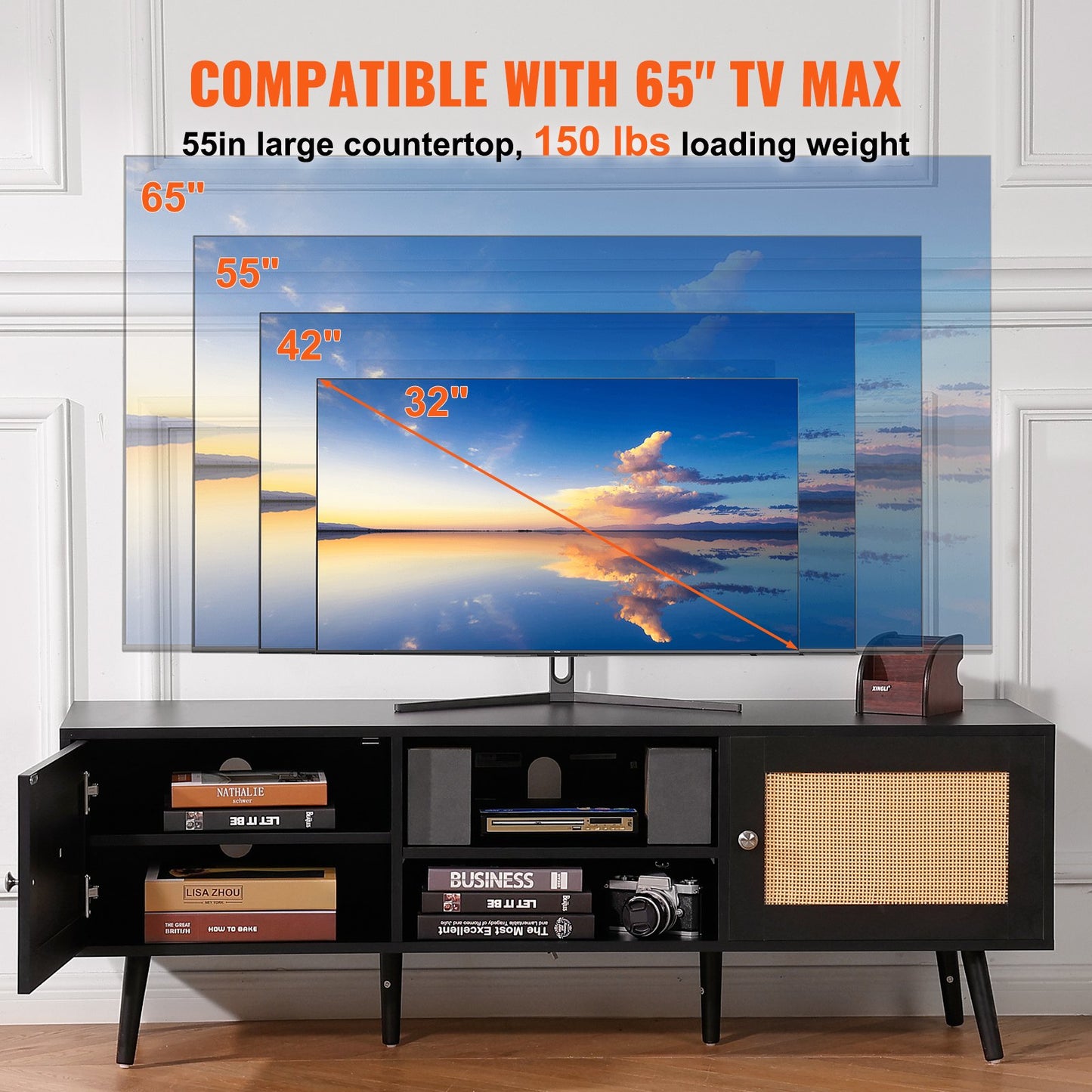 VEVOR Rattan TV Stand for 65 inch TV, Boho TV Stand with Rattan Door, Entertainment