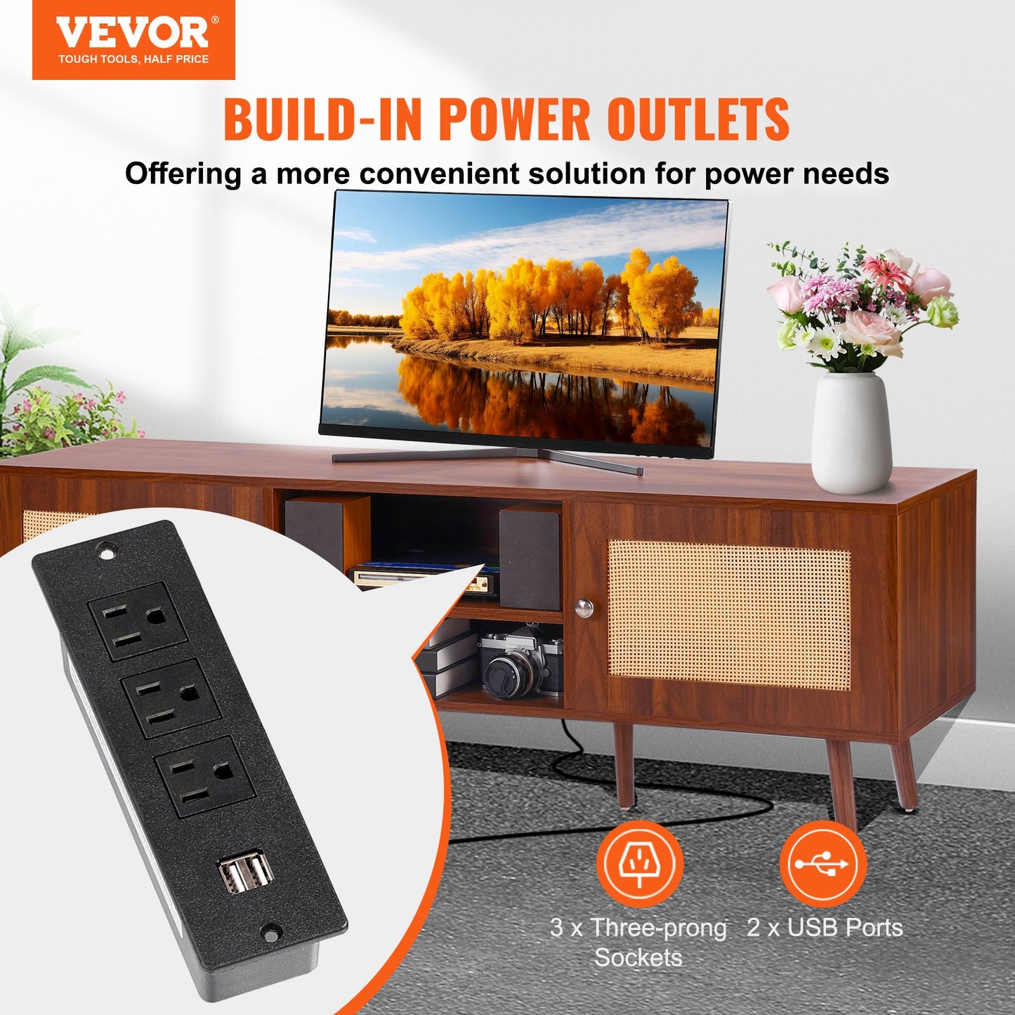 VEVOR Rattan TV Stand, Mid Century Modern TV Stand for 65 inch TV, Boho Rattan TV