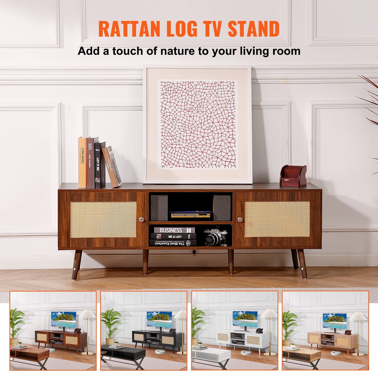 VEVOR Rattan TV Stand, Mid Century Modern TV Stand for 65 inch TV, Boho Rattan TV