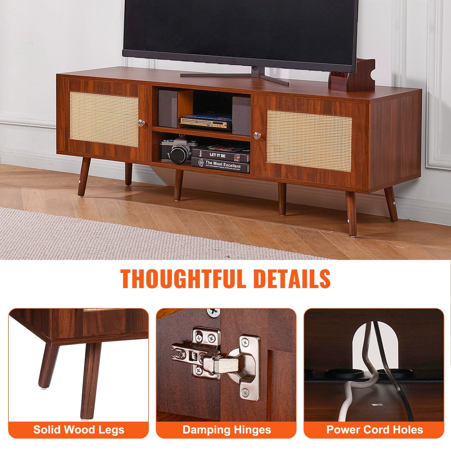 VEVOR Rattan TV Stand, Mid Century Modern TV Stand for 65 inch TV, Boho Rattan TV
