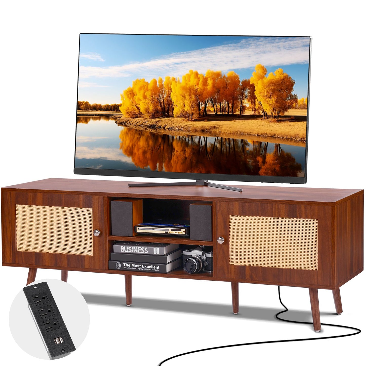 VEVOR Rattan TV Stand, Mid Century Modern TV Stand for 65 inch TV, Boho Rattan TV