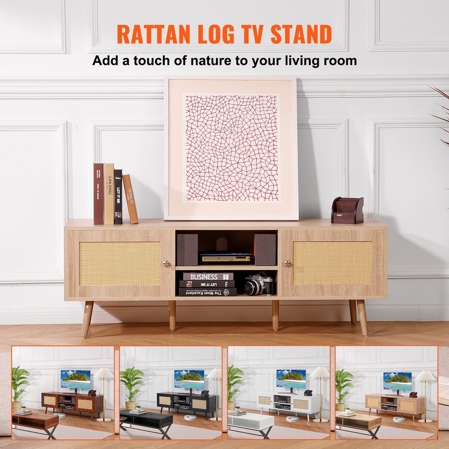 VEVOR Rattan TV Stand, Mid Century Modern TV Stand for 65 inch TV, Boho Rattan TV