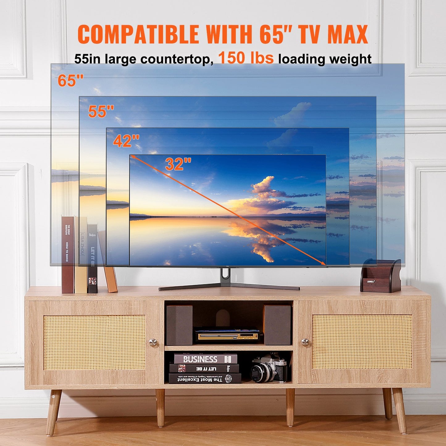 VEVOR Rattan TV Stand, Mid Century Modern TV Stand for 65 inch TV, Boho Rattan TV