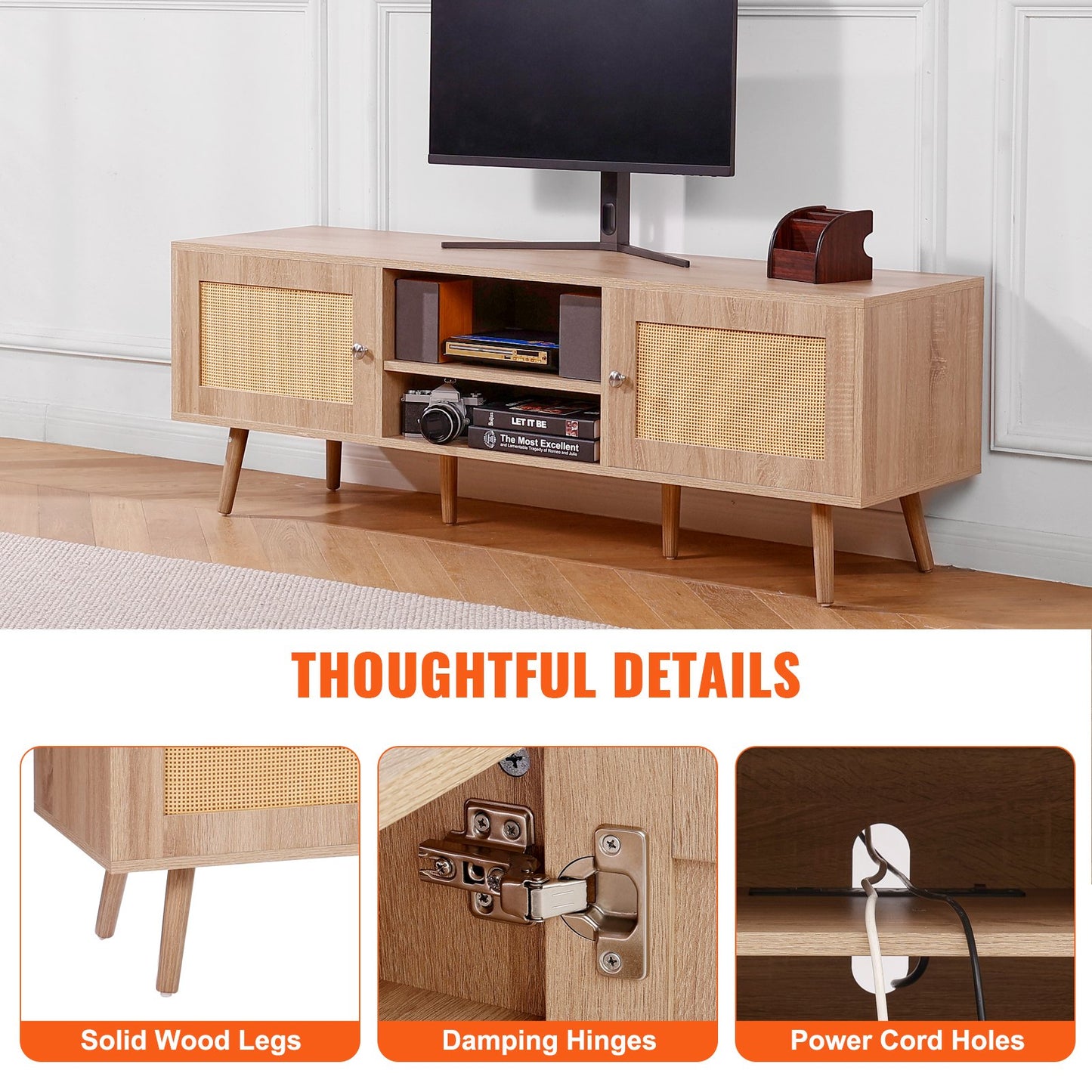 VEVOR Rattan TV Stand, Mid Century Modern TV Stand for 65 inch TV, Boho Rattan TV