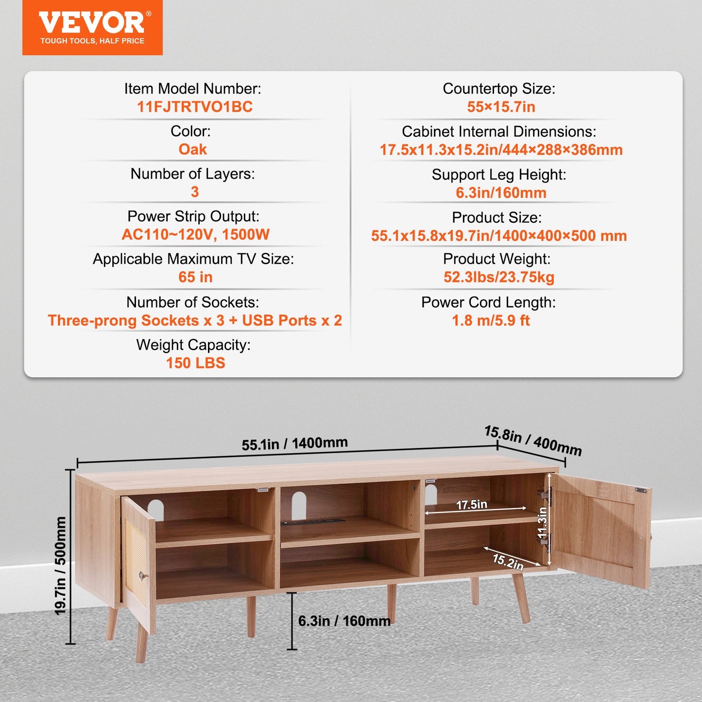 VEVOR Rattan TV Stand, Mid Century Modern TV Stand for 65 inch TV, Boho Rattan TV