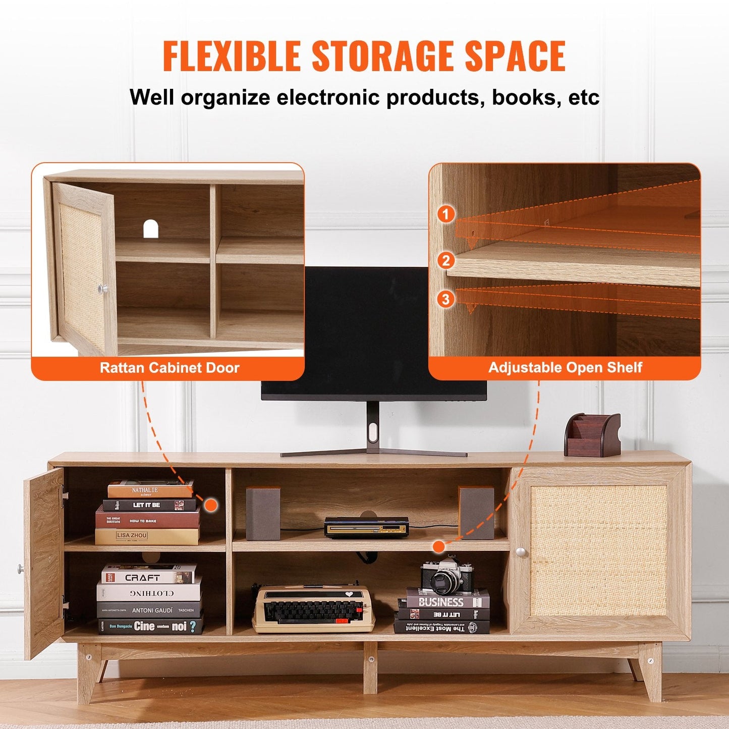 Boho Rattan TV Stand for 1.9m TV with Built-in Sockets and Ample Storage