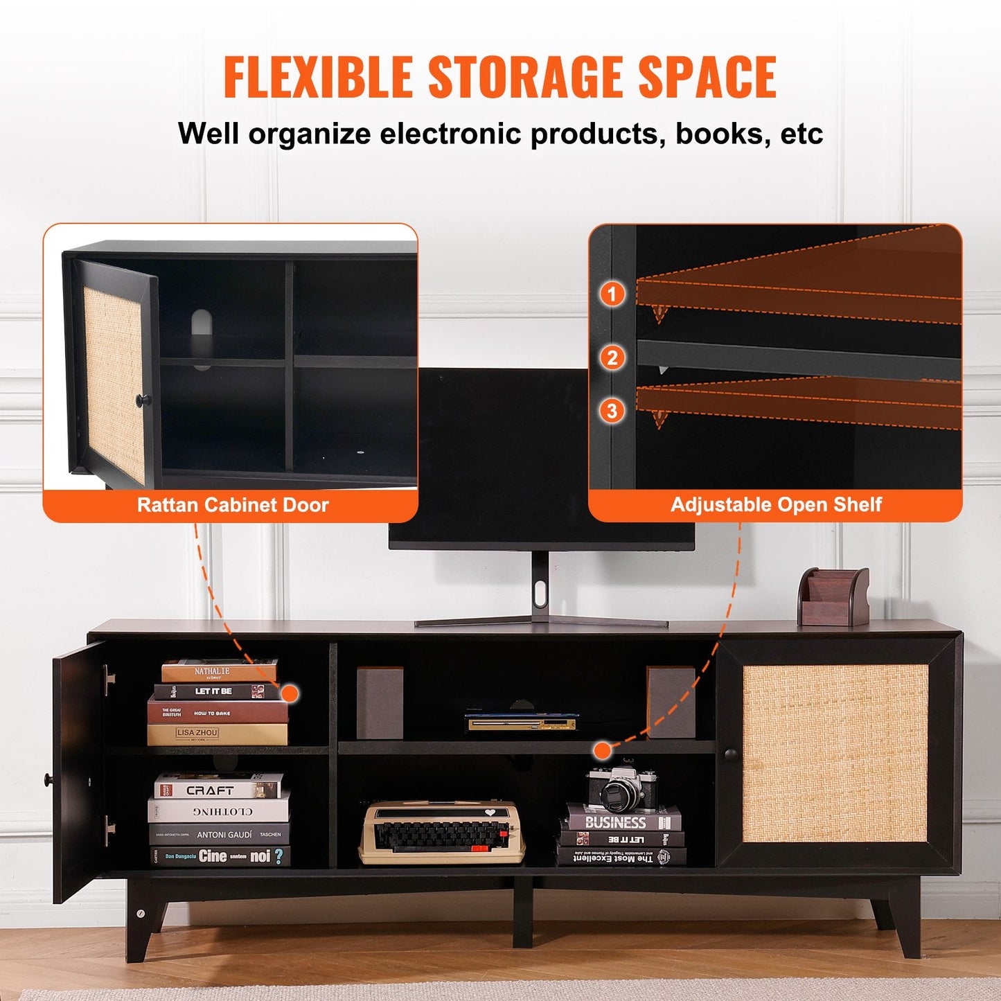 Boho Rattan TV Stand for 1.9m TVs with Built-in Socket and Ample Storage