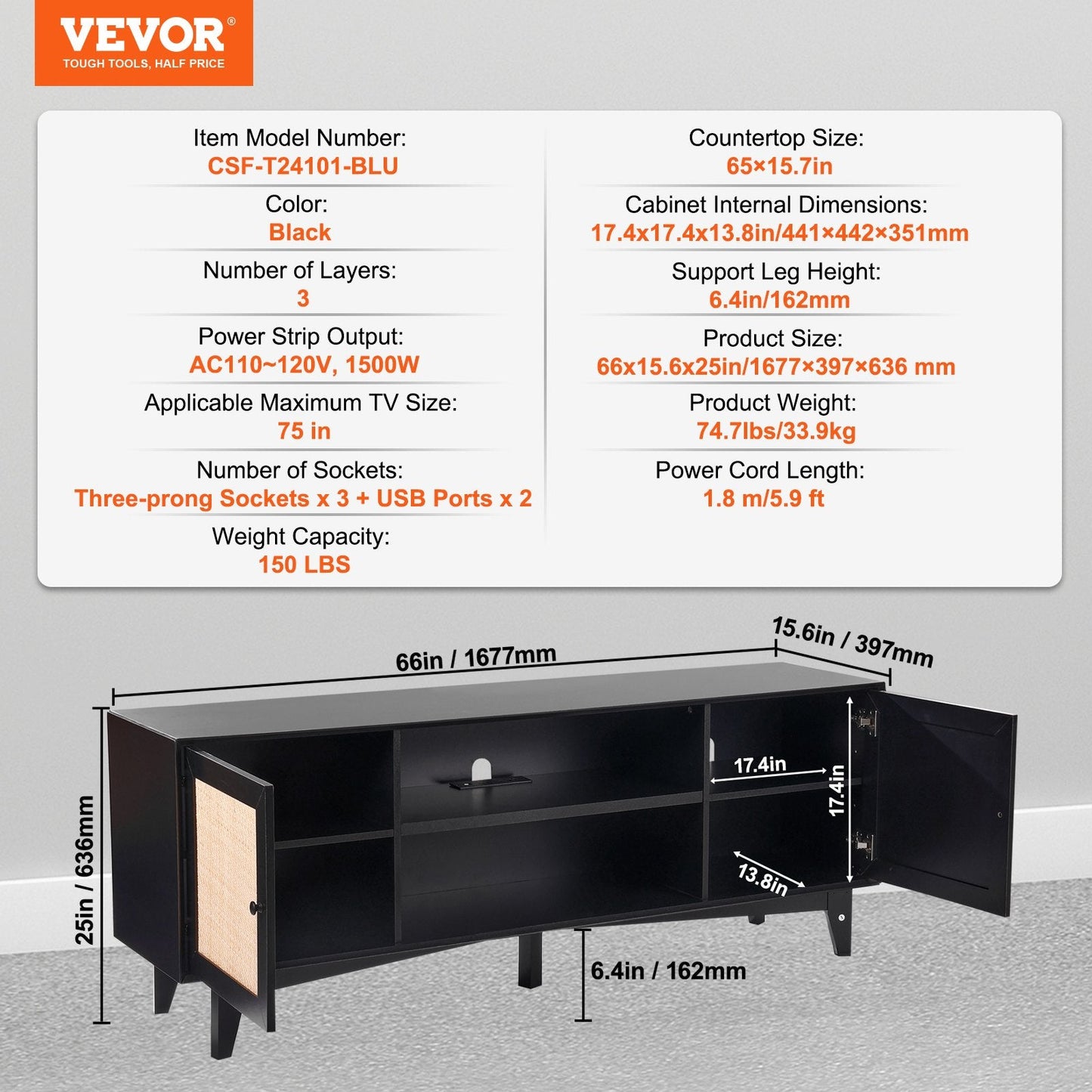 Boho Rattan TV Stand for 1.9m TVs with Built-in Socket and Ample Storage