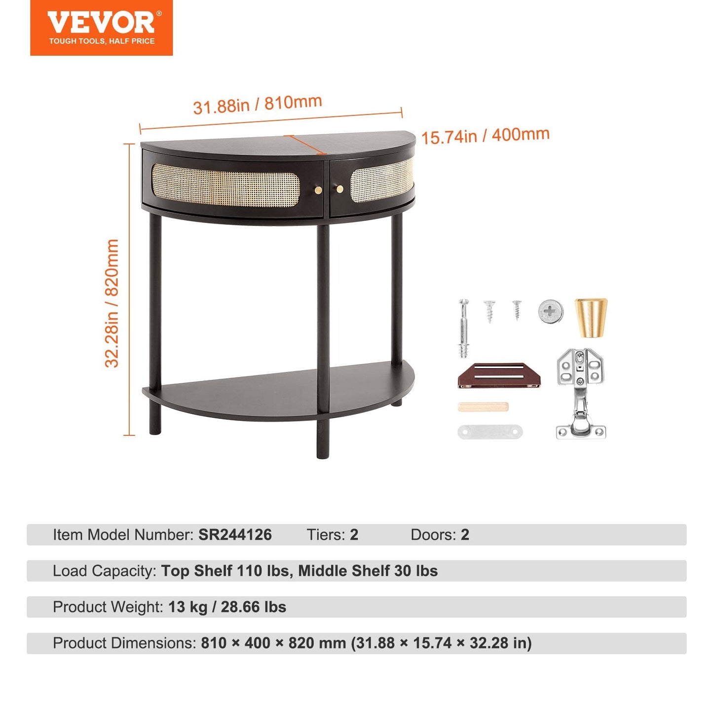 Half-Moon Rattan Console Table with Storage Drawers and Sliding Doors, Black