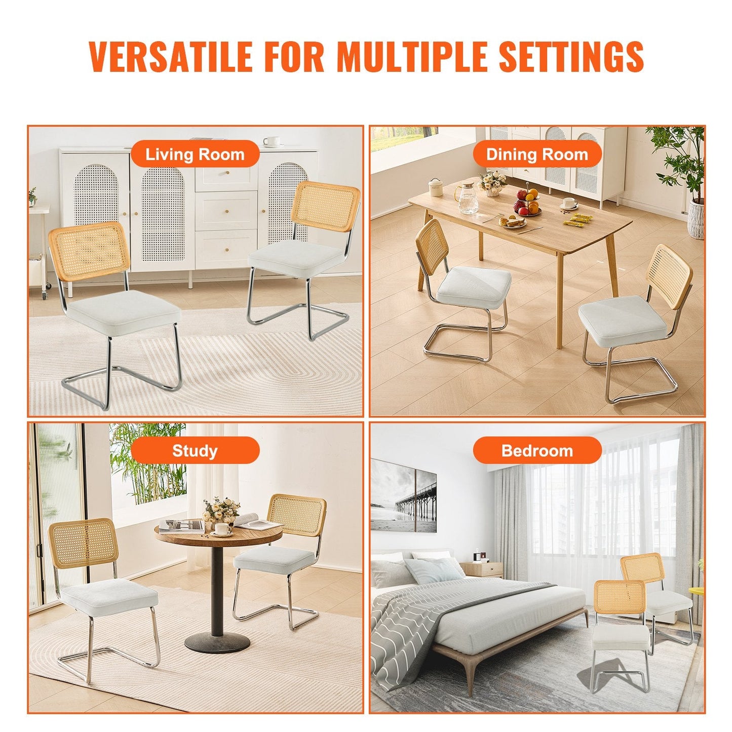 Mid-Century Modern Velvet Rattan Chairs Set with Metal Frame, White, 2-Pack