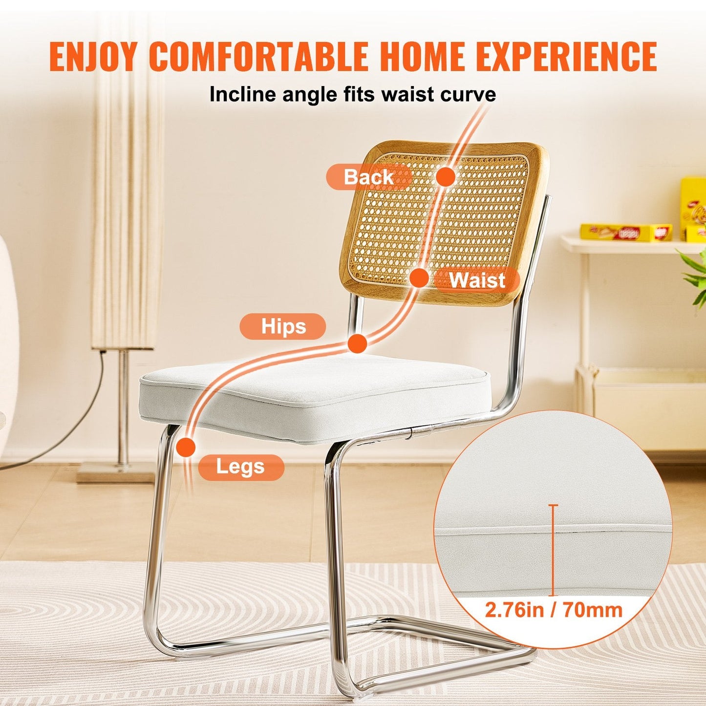 Mid-Century Modern Velvet Rattan Chairs Set with Metal Frame, White, 2-Pack