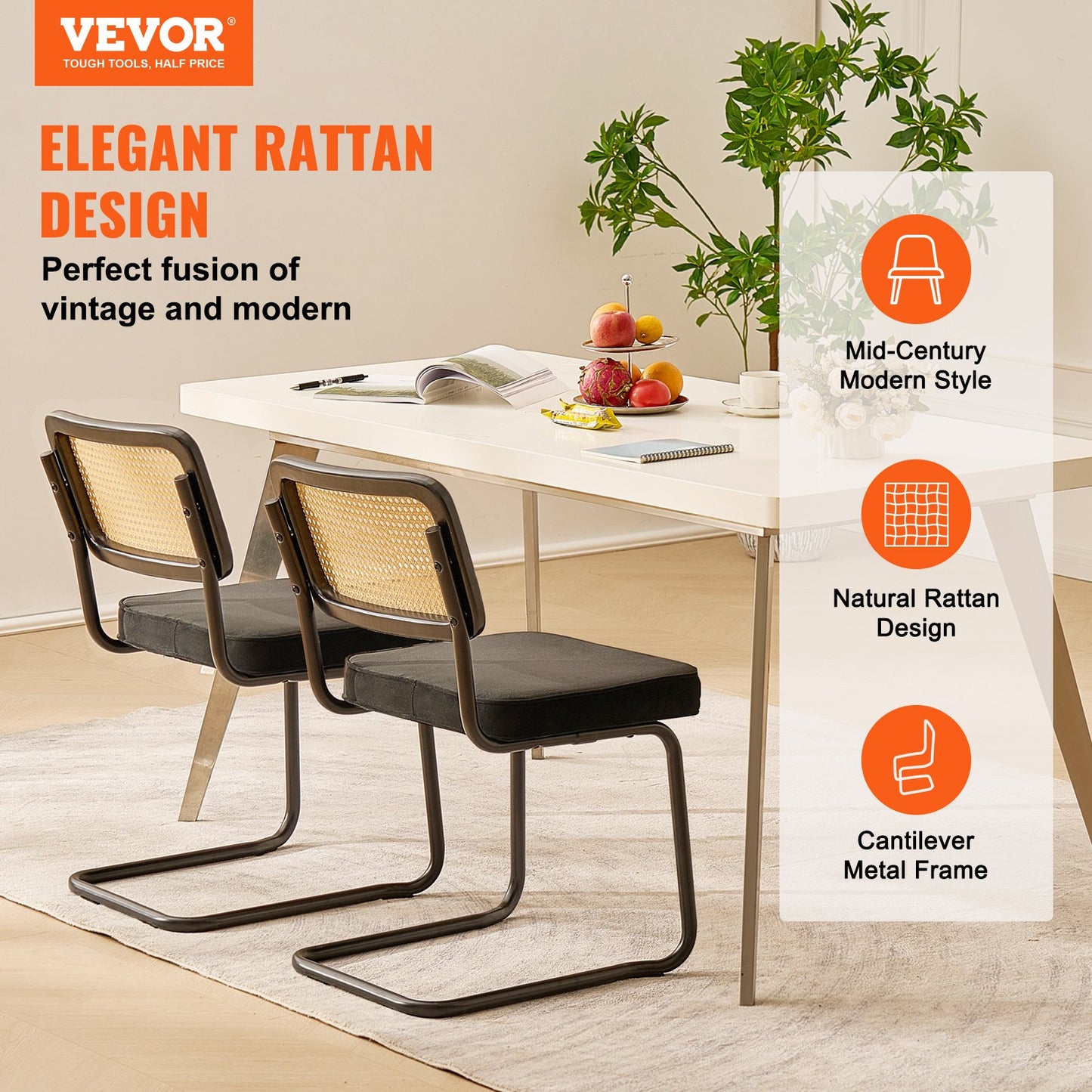 VEVOR Rattan Chairs, Set of 2, Mid Century Modern Dining Chair, Upholstered Velvet