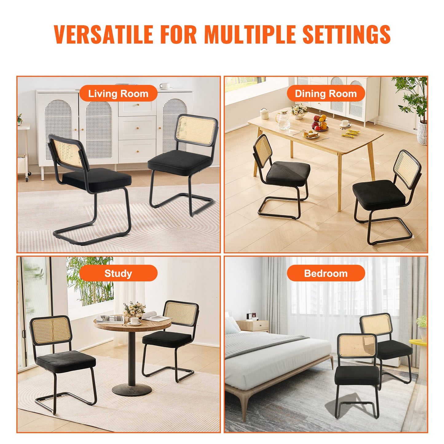 VEVOR Rattan Chairs, Set of 2, Mid Century Modern Dining Chair, Upholstered Velvet