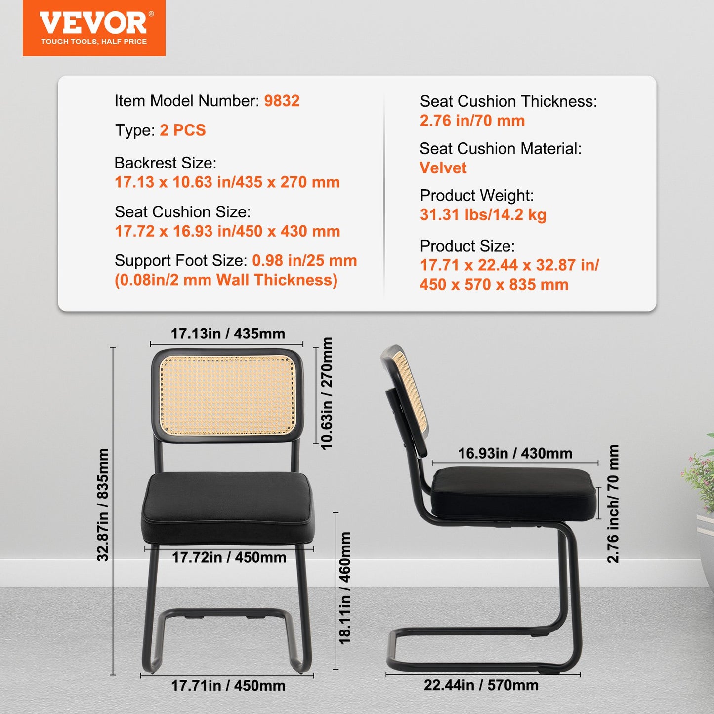 VEVOR Rattan Chairs, Set of 2, Mid Century Modern Dining Chair, Upholstered Velvet