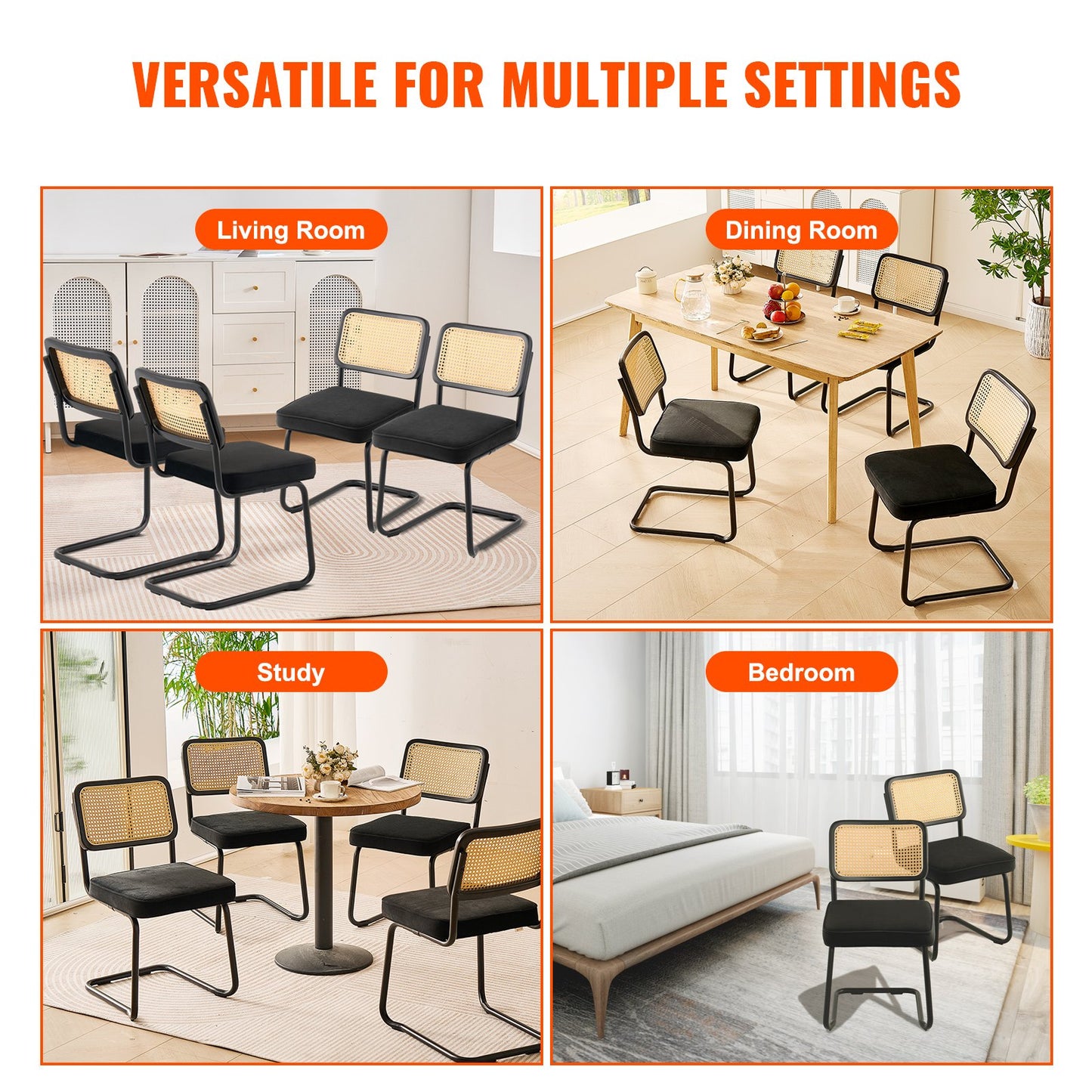 VEVOR Rattan Chairs, Set of 4, Mid Century Modern Dining Chair, Upholstered Velvet