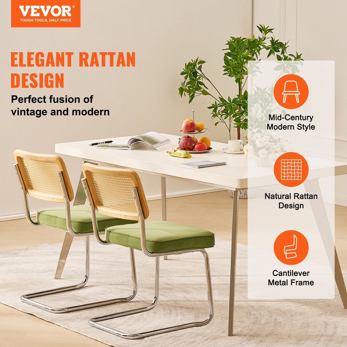 VEVOR Rattan Chairs, Set of 2, Mid Century Modern Dining Chair, Upholstered Velvet