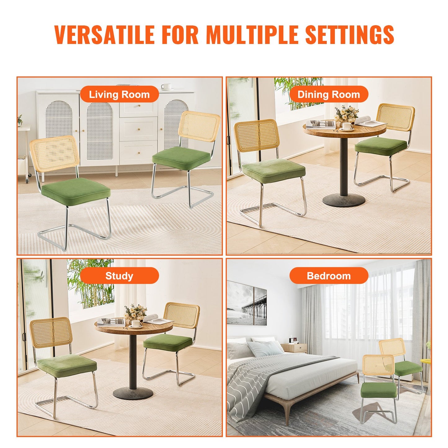 VEVOR Rattan Chairs, Set of 2, Mid Century Modern Dining Chair, Upholstered Velvet