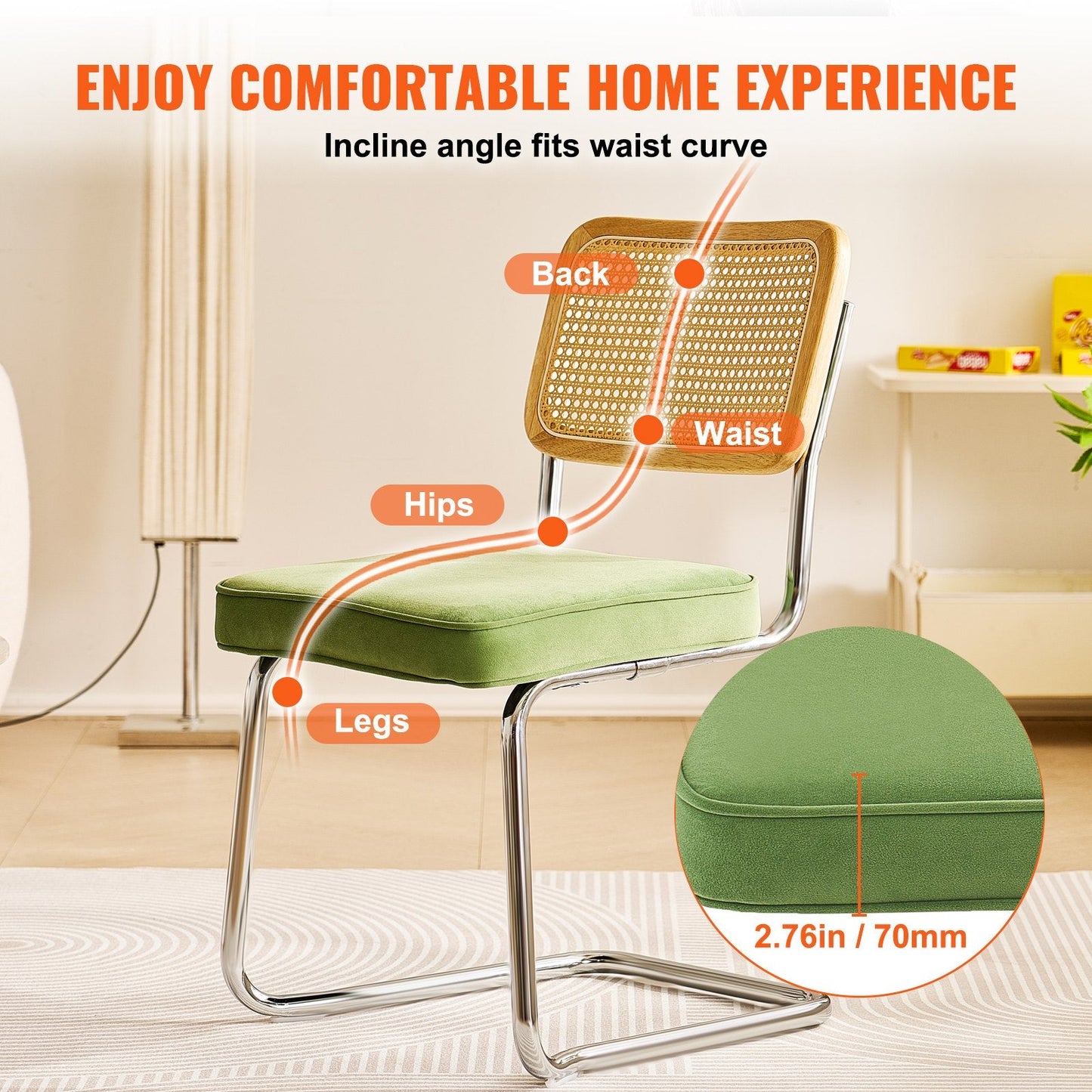 Set of 4 Mid-Century Modern Velvet Dining Chairs with Rattan Back, Green