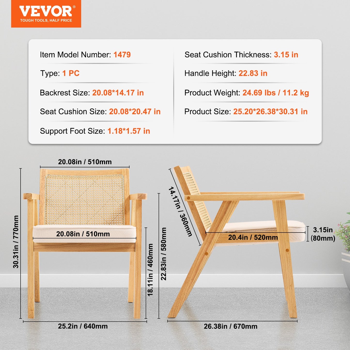 VEVOR Rattan Chair, Mid Century Modern Dining Chair with Armrest, Upholstered Chair