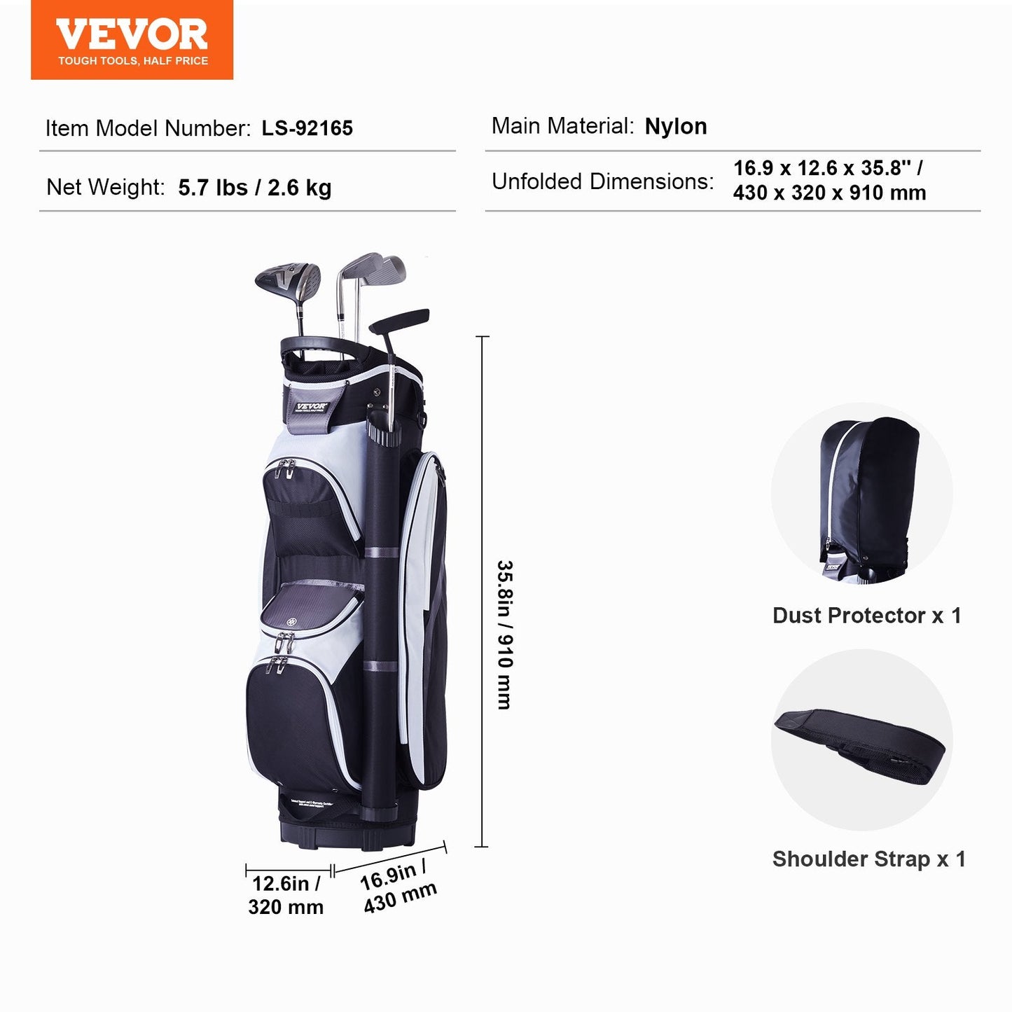 Golf Cart Bag with 14-Way Divider, 0.9m, Multiple Pockets, Black, Waterproof