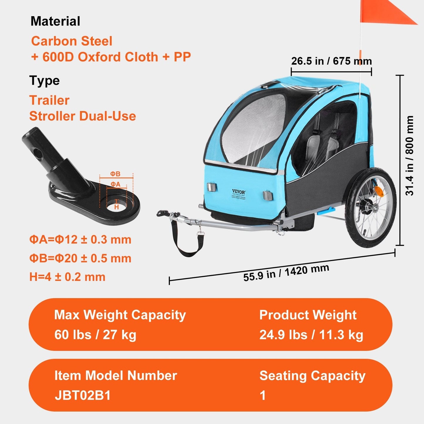 Foldable Child Bike Trailer with Canopy, 27 kg Load Capacity, Blue/Gray