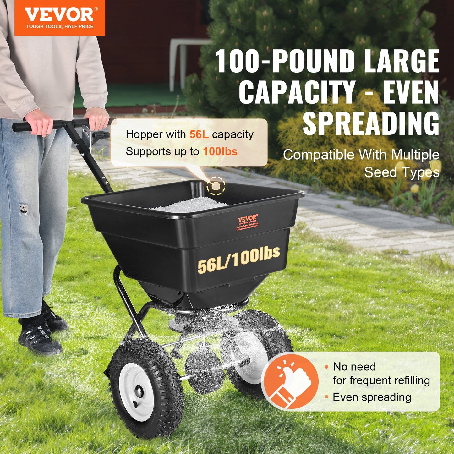 VEVOR Broadcast Spreader, 100 LB Walk-Behind Turf Spreader with 12" Wheels, Steel