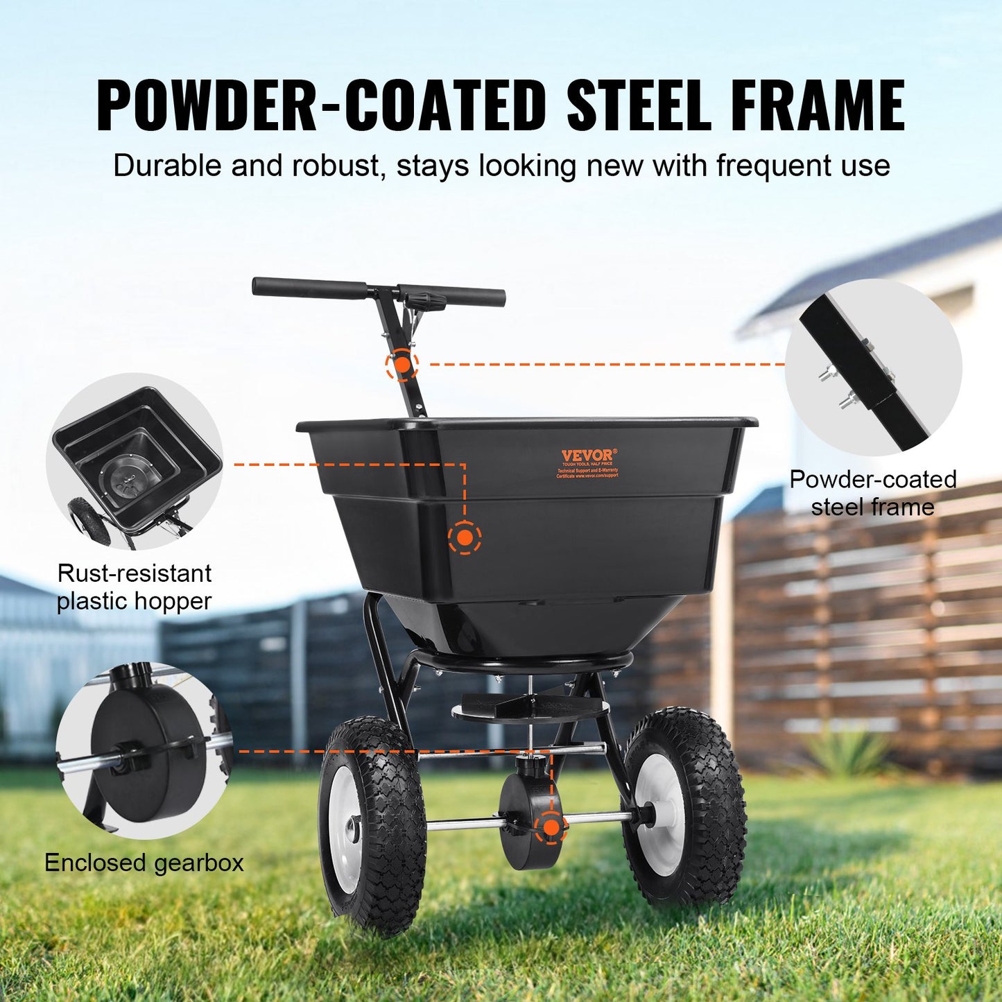 VEVOR Broadcast Spreader, 100 LB Walk-Behind Turf Spreader with 12" Wheels, Steel