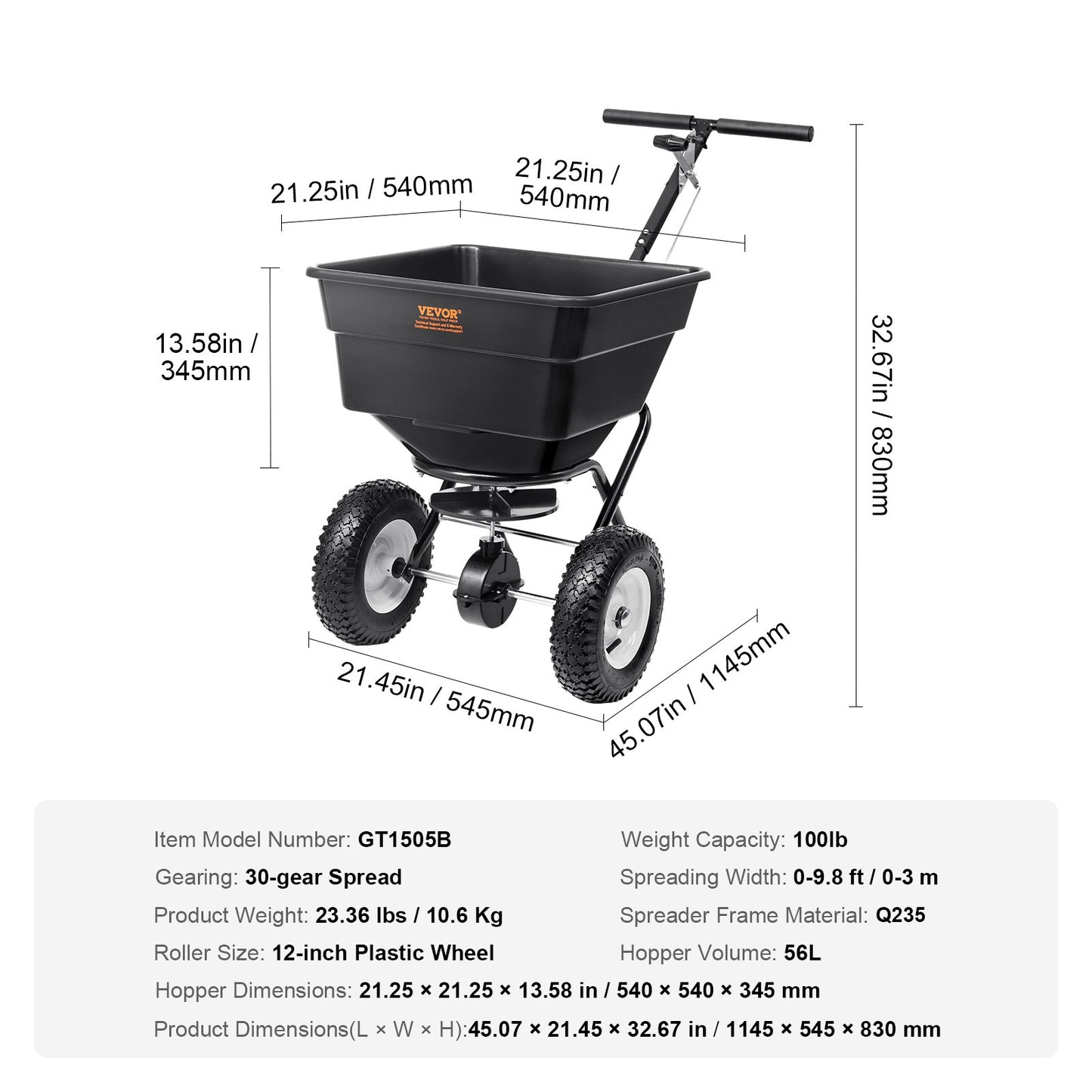 VEVOR Broadcast Spreader, 100 LB Walk-Behind Turf Spreader with 12" Wheels, Steel