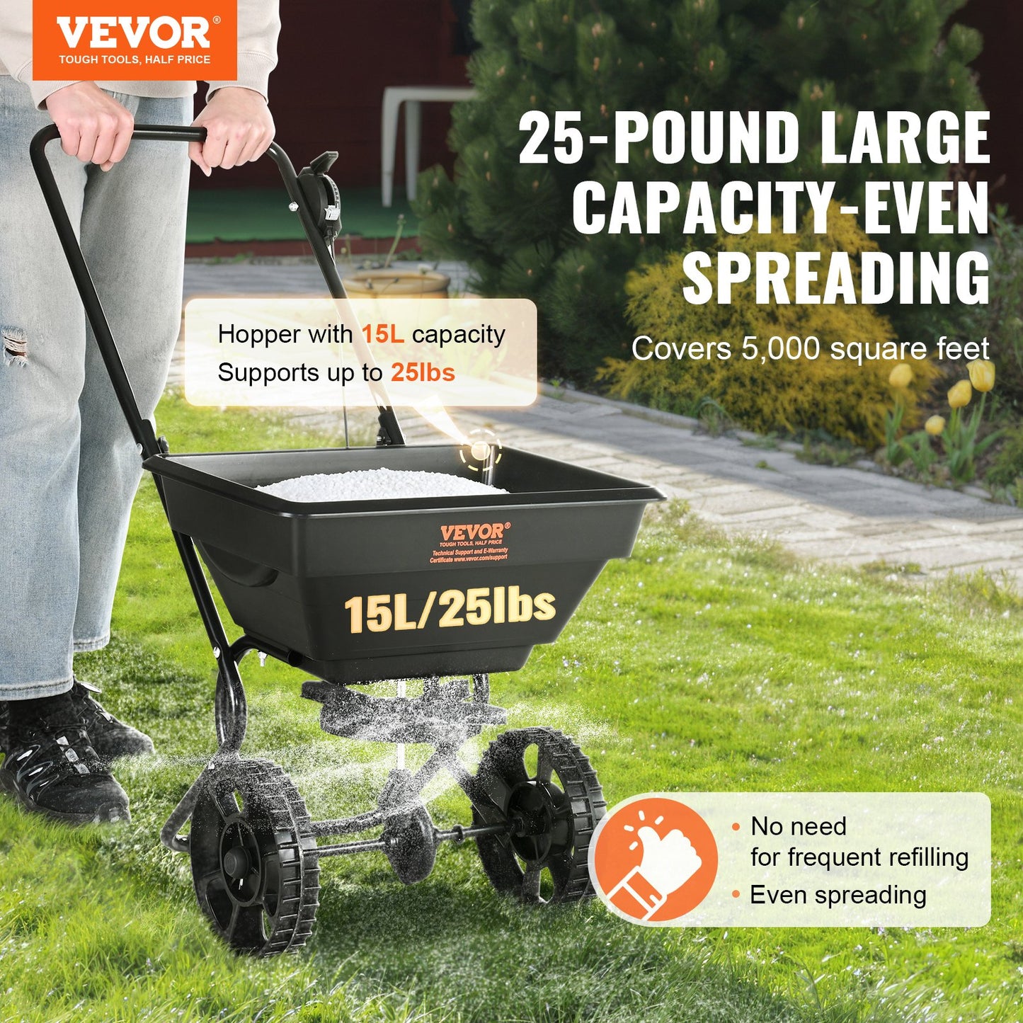 VEVOR Broadcast Spreader, Walk-Behind Turf Spreader with 8" Wheels, Steel Push Fertilizer
