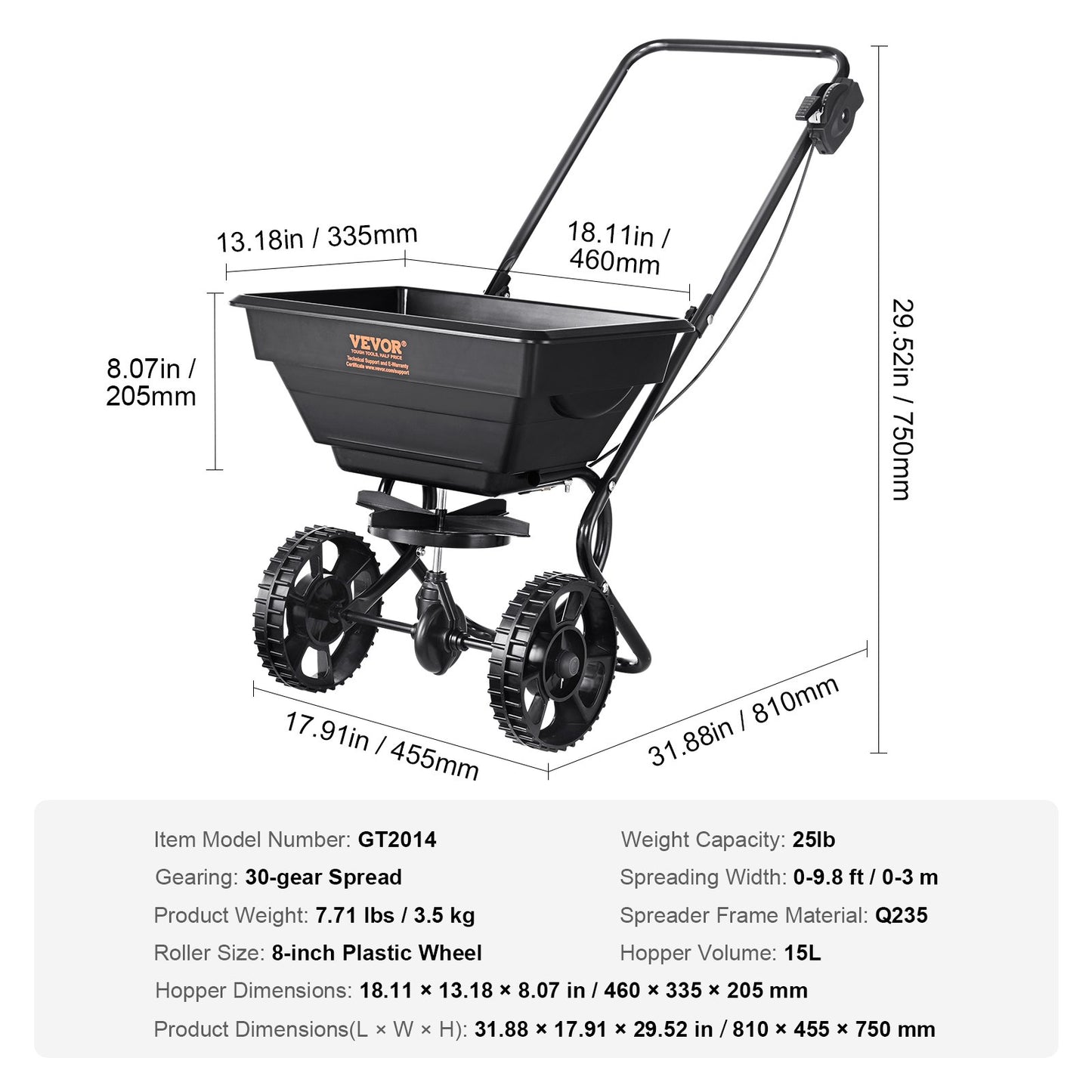 VEVOR Broadcast Spreader, Walk-Behind Turf Spreader with 8" Wheels, Steel Push Fertilizer