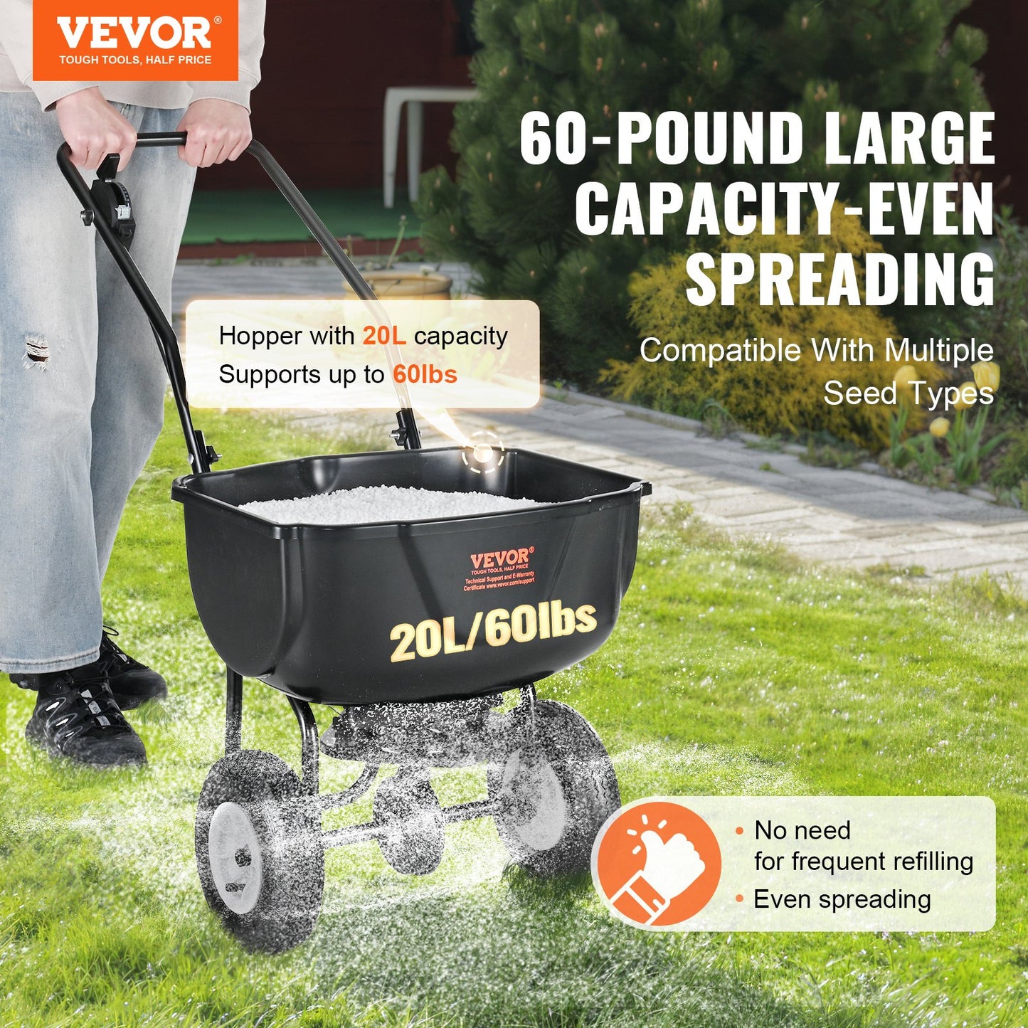 VEVOR Broadcast Spreader, 60 LB Walk-Behind Turf Spreader with 8" Wheels, Steel