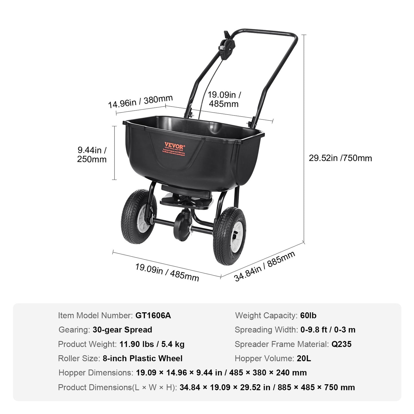 VEVOR Broadcast Spreader, 60 LB Walk-Behind Turf Spreader with 8" Wheels, Steel
