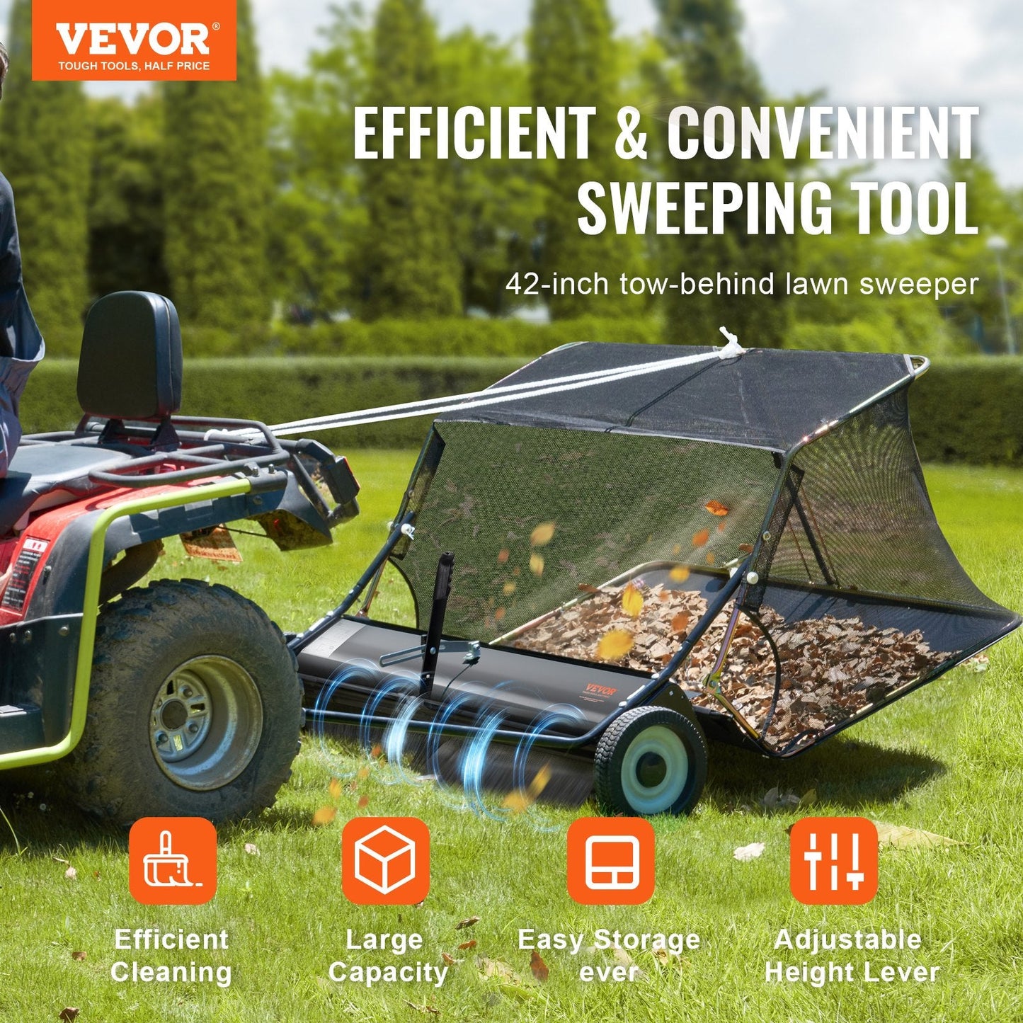 Tow-Behind Lawn Sweeper, 1.07m Wide, 12 cu.ft. Capacity, Adjustable Height