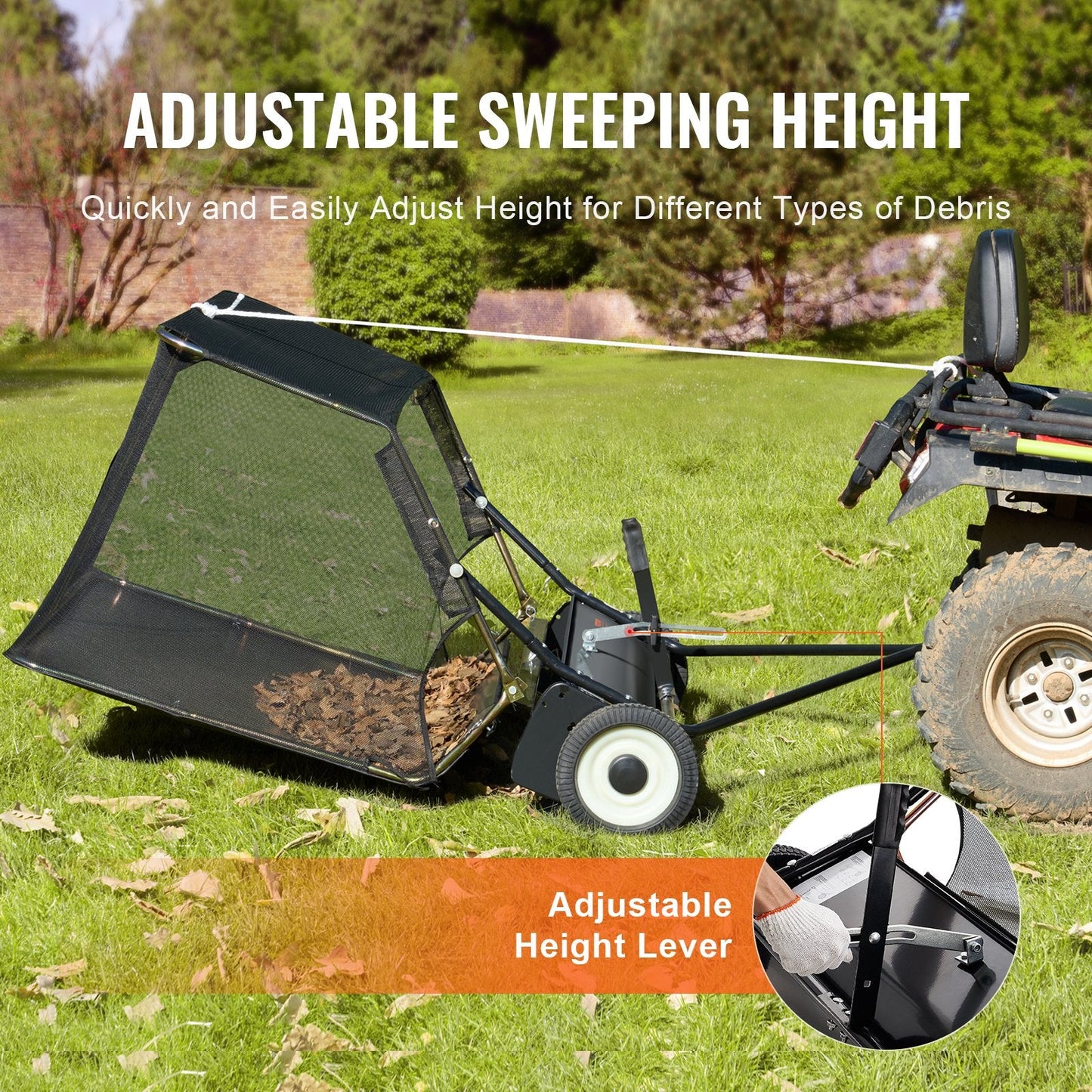 Tow-Behind Lawn Sweeper, 1.07m Wide, 12 cu.ft. Capacity, Adjustable Height